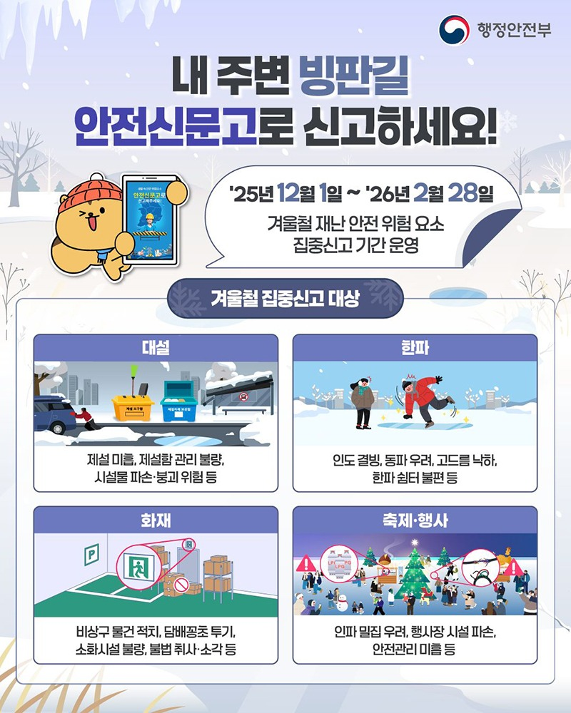 내 주변 빙판길 안전신문고로 신고하세요! 25년 12월 1일 ~ '26년 2월 28일 겨울철 재난 안전 위험 요소 집중신고 기간 운영 겨울철 집중신고 대상 (대설) 제설 미흡, 제설함 관리 불량, 시설물 파손·붕괴 위험 등(한파) 인도 결빙, 동파 우려, 고드름 낙하, 한파 쉼터 불편 등 (화재) 비상구 물건 적치, 담배꽁초 투기, 소화시설 불량, 불법 취사·소각 등 (축제·행사)인파 밀집 우려, 행사장 시설 파손, 안전관리 미흡 등